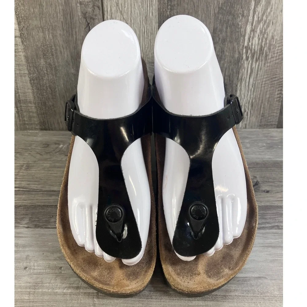 Birkenstock Gizeh Black Patent Sandals EU 38 US Women 7 Thong T-Strap Cork